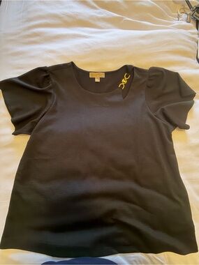 Michael Michael Kors Women’s Black Puff Sleeve Blouse Gold MK Logo 2x